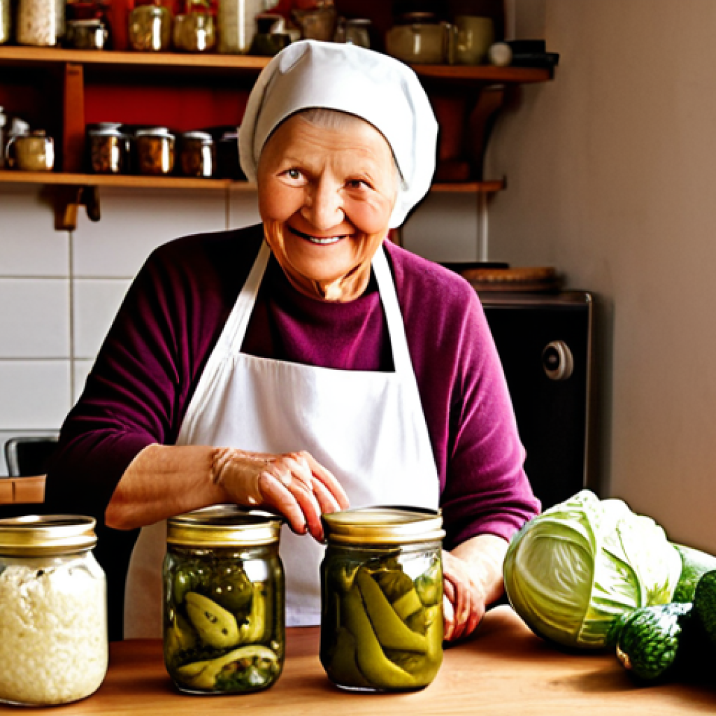 **

A cozy, brightly lit Polish kitchen. In the foreground, a grandmotherly figure, smiling, is placing cabbage into a traditional ceramic crock for sauerkraut. Jars of pickled cucumbers and colorful fermented vegetables line the shelves behind her. Modern fermentation equipment, like a temperature-controlled jar, sits discreetly on the counter alongside the traditional tools. Focus on the warmth of the family tradition meeting modern techniques.

**
