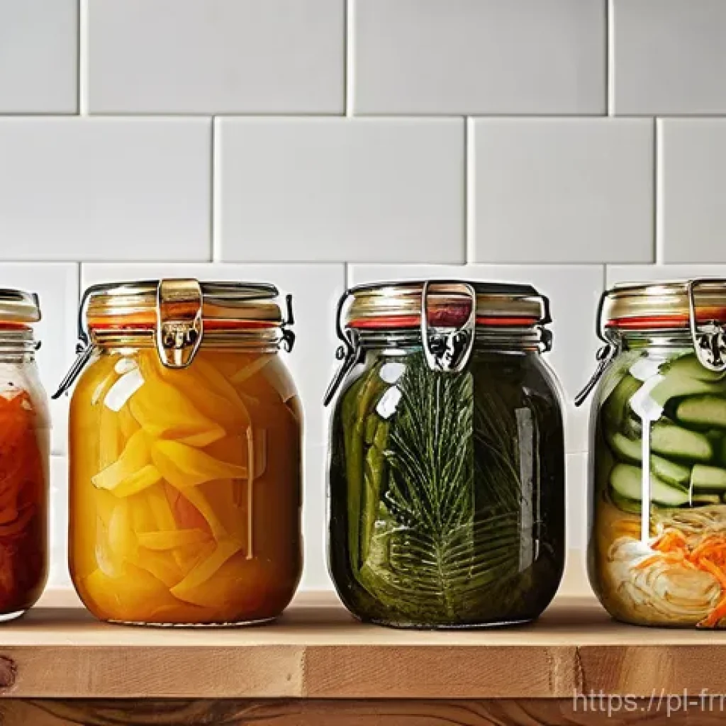 발효식품의 과학적 원리 이해하기 - **Prompt 1: A Vibrant Fermentation Showcase**
    "A brightly lit, rustic wooden kitchen counter fil...