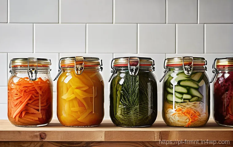 발효식품의 과학적 원리 이해하기 - **Prompt 1: A Vibrant Fermentation Showcase**
"A brightly lit, rustic wooden kitchen counter fil...