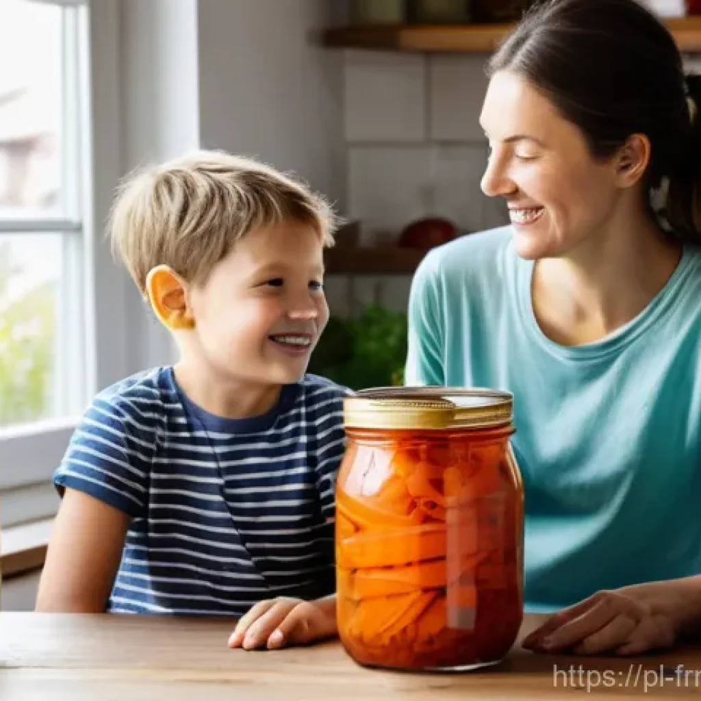 발효식품을 활용한 특별한 요리 아이디어 - **Prompt:** A warm and inviting scene in a cozy, rustic Polish kitchen. A smiling young mother (30s)...