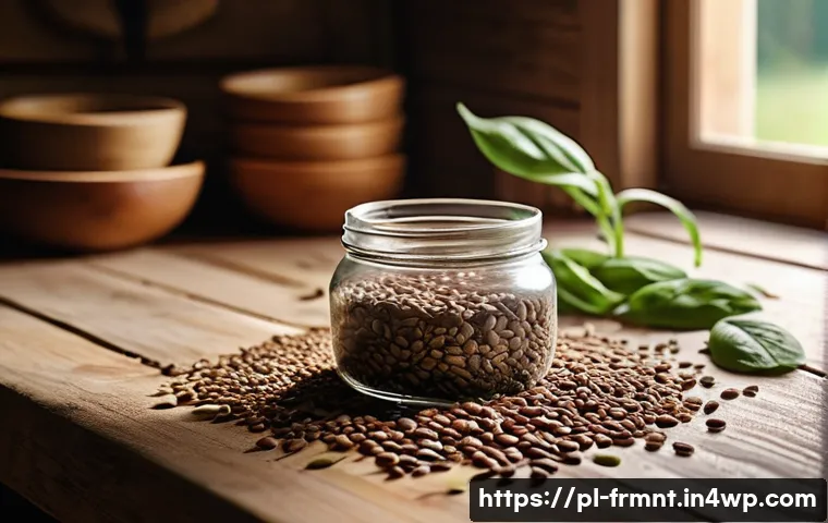 콩나물 발효식품 만들기 단계별 가이드 - A close-up scene of organic, dry, and undamaged bean seeds spread on a rustic wooden table in a cozy...