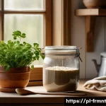 Home 21 천연 발효빵 만들기 비법 공개 - A cozy rustic kitchen scene featuring a glass jar of active rye sourdough starter covered loosely wi...