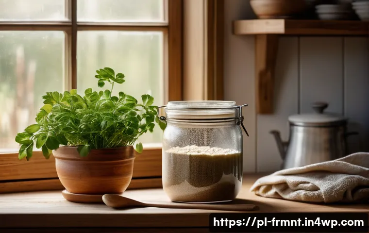 천연 발효빵 만들기 비법 공개 - A cozy rustic kitchen scene featuring a glass jar of active rye sourdough starter covered loosely wi...