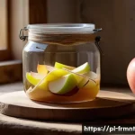 Home 20 발효 식초 만들기 사과식초 레시피 - A rustic kitchen scene featuring a large glass jar filled with sliced organic apples of different va...