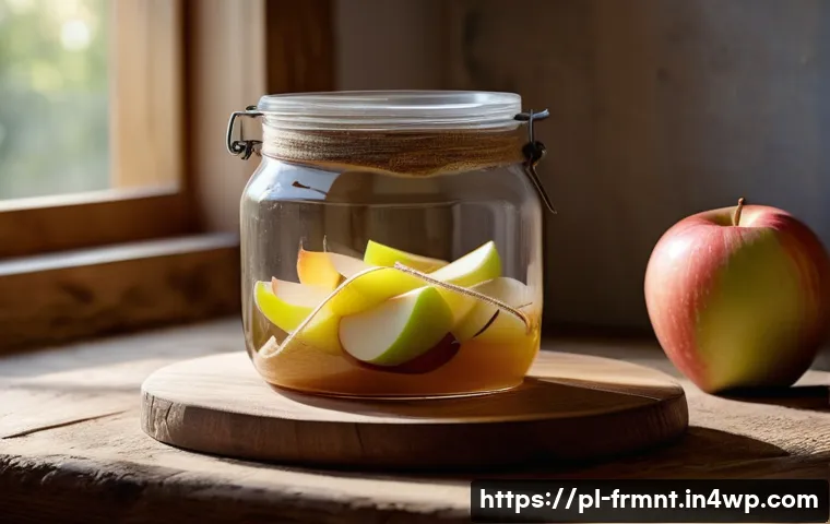 발효 식초 만들기  사과식초 레시피 - A rustic kitchen scene featuring a large glass jar filled with sliced organic apples of different va...