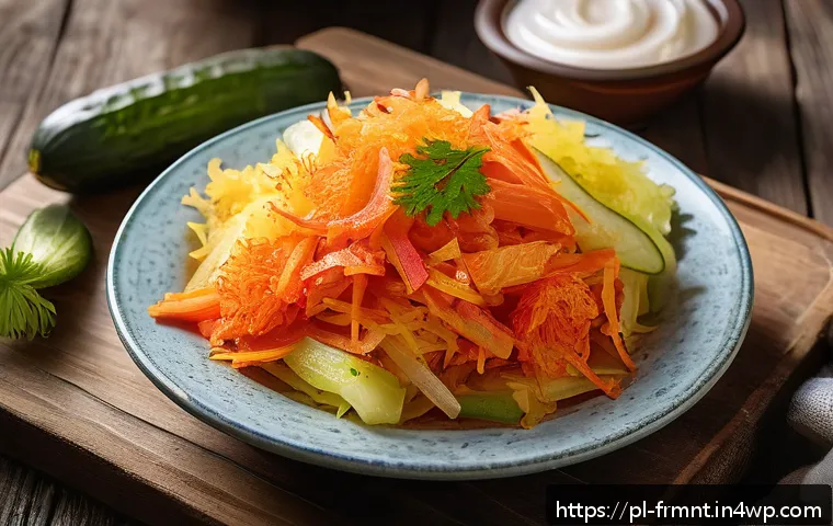 발효식품과 장 건강의 관계 - A vibrant, detailed close-up of traditional Polish fermented foods on a rustic wooden table: a large...
