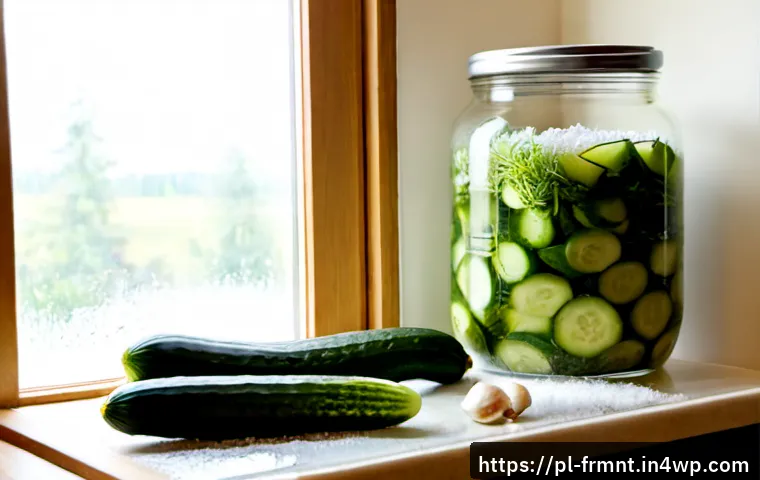 Home 30 소금으로 발효하는 법과 주의사항 - Photorealistic close-up of a clean Polish home kitchen counter showing a large glass jar of cucumber...