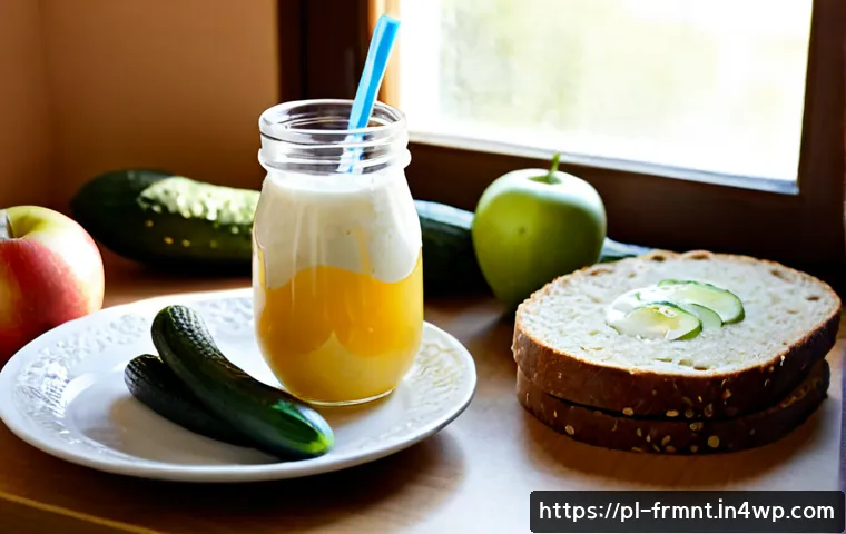 발효식품을 이용한 건강한 식단 - Photorealistic healthy fermented-food breakfast on a bright Polish kitchen table: natural kefir in a...