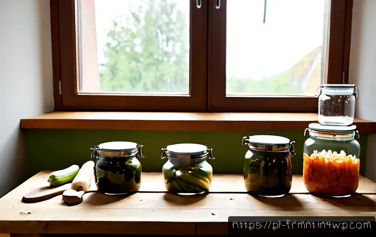 Home 30 발효식품 만들기 필수 도구 소개 - Photorealistic Polish home kitchen worktable arranged with essential fermented-food making tools: wi...